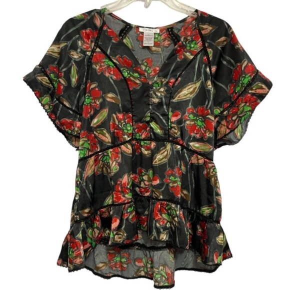 ESLEY Boho Casual Cinch-Waist Floral Top Large Black Multicolor Hi-Lo Baby-Doll - Picture 4 of 13